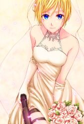 Rule 34 | 1girl, blonde hair, blue eyes, bouquet, breasts, bridal veil, bride, closed mouth, dress, elbow gloves, end of eternity, flower, gloves, gun, holding, holding bouquet, looking at viewer, medium breasts, reanbell, short hair, simple background, smile, solo, strapless, strapless dress, veil, weapon, wedding dress, white dress, white gloves