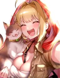 Rule 34 | 1girl, ahoge, beige shirt, blonde hair, blush, braid, breasts, cat, cleavage, closed eyes, fate/extra, fate/grand order, fate (series), french braid, hair between eyes, hair bun, hair intakes, heroic spirit traveling outfit, highres, large breasts, long hair, nero claudius (fate), nero claudius (fate) (all), nero claudius (fate/extra), nero claudius (traveling outfit) (fate), official alternate costume, open mouth, short sleeves, single hair bun, smile, yayoi maka