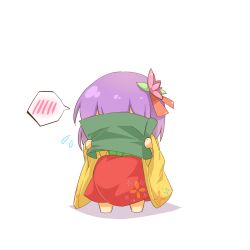 Rule 34 | 1girl, bad id, bad pixiv id, chibi, covering privates, covering face, cowering, eiri (eirri), embarrassed, female focus, flower, flying sweatdrops, full body, hair ornament, hieda no akyuu, highres, japanese clothes, kimono, purple hair, scroll, short hair, shy, simple background, solo, speech bubble, spoken blush, touhou, white background