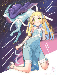 Rule 34 | 1girl, blonde hair, blush, braid, breasts, closed mouth, commentary request, cosplay, creatures (company), dress, eyelashes, game freak, gen 2 pokemon, green eyes, hand up, high heels, highres, kinocopro, kneeling, kris (pokemon), kris (pokemon) (cosplay), kris (sygna suit) (pokemon), legendary pokemon, lillie (pokemon), long hair, nintendo, pokemon, pokemon (creature), pokemon masters ex, pokemon sm, sleeveless, sleeveless dress, small breasts, smile, suicune, twin braids, twitter username, watermark, white footwear, wrist cuffs