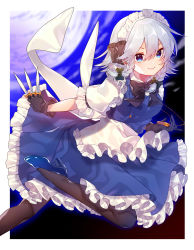 Rule 34 | 1girl, absurdres, apron, between fingers, black bow, blue eyes, blue footwear, bow, braid, frilled skirt, frills, gloves, green bow, high heels, highres, holding, holding knife, izayoi sakuya, knife, knives between fingers, large bow, looking at viewer, maid, maid apron, moon, night, night sky, pantyhose, pocket watch, renka (sutegoma25), short hair, short sleeves, silver hair, skirt, sky, smile, solo, throwing knife, touhou, twin braids, watch, weapon