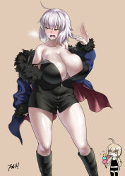 Rule 34 | ahoge, alternate breast size, artoria pendragon (all), artoria pendragon (fate), bare shoulders, black footwear, blonde hair, boots, breasts, brown background, chibi, chibi inset, cleavage, collarbone, f.w.zholic, fate/grand order, fate (series), food, fur trim, highres, hot, huge breasts, ice cream, jeanne d&#039;arc (fate), jeanne d&#039;arc alter (fate), jeanne d&#039;arc alter (ver. shinjuku 1999) (fate), long hair, long sleeves, looking to the side, official alternate costume, open mouth, saber (fate), saber alter, short hair, silver hair, simple background, solo focus, standing, sweat, thighs, unzipped, veins, veiny breasts, wavy mouth, yellow eyes