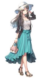 Rule 34 | 1girl, arm up, bag, blouse, blue nails, blue skirt, brown eyes, brown hair, cardigan, closed mouth, earrings, full body, handbag, hat, highres, jewelry, long hair, looking at viewer, momoko (momopoco), nail polish, open cardigan, open clothes, original, sandals, shirt, simple background, skirt, solo, standing, sun hat, toenail polish, toenails, tsurime, white background