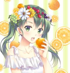 Rule 34 | 1girl, blush, breasts, collarbone, commentary request, dress, flower, food, food on head, frills, fruit, fruit background, fruit on head, green eyes, green hair, hair between eyes, hair flower, hair ornament, headband, holding, holding food, holding fruit, kantai collection, long hair, looking at viewer, minakami nagara, object on head, open mouth, orange (fruit), simple background, small breasts, smile, solo, twintails, white dress, zuikaku (kancolle)