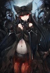 Rule 34 | 10s, 1girl, abyssal ship, bare shoulders, black bow, black hair, bow, breasts, chain, choker, chromatic aberration, female focus, finger to mouth, gauntlets, glowing, glowing eyes, gothic lolita, gradient background, hair bow, highres, kajaneko, kantai collection, large bow, lolita fashion, long hair, looking at viewer, medium breasts, navel, red eyes, seaplane tender princess, solo, very long hair