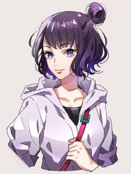 Rule 34 | 1girl, bag, black shirt, closed mouth, commentary request, cropped torso, fate/grand order, fate (series), grey background, grey jacket, hair bun, heroic spirit traveling outfit, hood, hood down, hooded jacket, jacket, katsushika hokusai (fate), katsushika hokusai (traveling outfit) (fate), long sleeves, looking at viewer, official alternate costume, purple hair, shirt, short hair, shoulder bag, simple background, single hair bun, smile, solo, tenobe, upper body