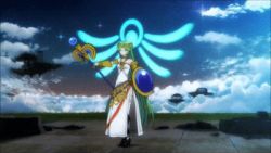 Rule 34 | 1girl, animated, animated gif, ass, blue sky, breasts, cloud, collarbone, dress, green eyes, green hair, jewelry, kid icarus, legs, long hair, lots of jewelry, lowres, matching hair/eyes, necklace, nintendo, palutena, sky, solo, super smash bros., thighhighs, very long hair, white dress