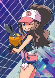 1girl ass bag baseball_cap batchgooya black_jacket blue_eyes blue_shorts brown_eyes brown_hair creatures_(company) dated game_freak gen_5_pokemon hat highres hilda_(pokemon) holding holding_pokemon jacket long_hair nintendo one_eye_closed open_mouth poke_ball_print pokemon pokemon_(creature) pokemon_bw ponytail shirt shorts sidelocks sleeveless smile tepig twitter_username white_shirt