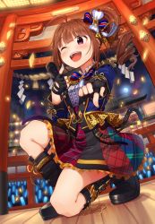 Rule 34 | 1girl, ahoge, black footwear, black gloves, blue nails, blush, boots, breasts, brown hair, drill hair, fingerless gloves, full body, gloves, highres, holding, holding microphone, idolmaster, idolmaster million live!, idolmaster million live! theater days, kamille (vcx68), knee boots, looking at viewer, medium breasts, microphone, nail polish, one eye closed, on one knee, open mouth, purple eyes, short hair, side drill, skirt, smile, solo, teeth, yokoyama nao