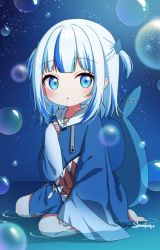 Rule 34 | 1girl, bad id, bad pixiv id, barefoot, blue background, blue eyes, blue hair, blue hoodie, bubble, fins, fish tail, gawr gura, gawr gura (1st costume), hair ornament, hololive, hololive english, hood, hoodie, kneeling, long sleeves, looking at viewer, multicolored hair, nail polish, open mouth, shark girl, shark hair ornament, shark tail, shiomi l, short twintails, simple background, tail, twintails, virtual youtuber, water, white hair