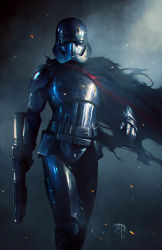 Rule 34 | 1girl, armor, benny kusnoto, cape, captain phasma, cowboy shot, energy weapon, gun, helmet, md5 mismatch, realistic, resized, resolution mismatch, rifle, science fiction, signature, solo, source smaller, star wars, star wars: the force awakens, stormtrooper, torn cape, torn clothes, upscaled, walking, weapon