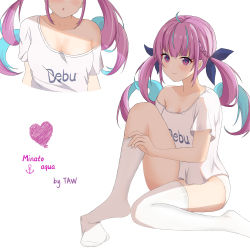Rule 34 | 1girl, absurdres, ahoge, anchor, artist name, bad id, bad pixiv id, black ribbon, blue hair, blush, braid, breasts, character name, cleavage, closed mouth, clothes writing, collarbone, colored inner hair, commentary request, hair ribbon, heart, highres, hololive, knee up, looking at viewer, medium breasts, minato aqua, multicolored hair, multiple views, no pants, no shoes, off shoulder, panties, purple eyes, purple hair, ribbon, shirt, short sleeves, simple background, single bare shoulder, sitting, smile, takeawatch, thighhighs, thighhighs pull, twintails, two-tone hair, underwear, upper body, virtual youtuber, white background, white panties, white shirt, white thighhighs