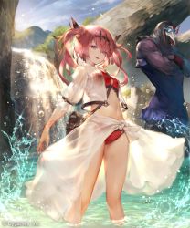 Rule 34 | 1girl, :d, bikini, blue sky, breasts, colored skin, crossed arms, day, diadem, floating hair, fran&#039;s attendant, fran (shadowverse), grey eyes, long hair, looking at viewer, n.a., navel, official art, open mouth, original, outdoors, pink hair, purple skin, red bikini, sarong, see-through, shadowverse, sky, small breasts, smile, soaking feet, standing, swimsuit, twintails, wading, water, watermark, wristband