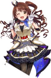 Rule 34 | 1girl, belt, brown eyes, brown hair, frills, gloves, hat, highres, idol, idol clothes, idolmaster, idolmaster cinderella girls, idolmaster tours, microphone, mini hat, official art, one eye closed, open mouth, pantyhose, shimamura uzuki, side ponytail, solo, transparent background, v