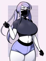 Rule 34 | 1girl, @ @, black gloves, breasts, crop top, cross, cross earrings, earrings, gloves, jam-orbital, jewelry, large breasts, light purple hair, looking at viewer, mask, midriff, mouth mask, original, purple eyes, short shorts, short sleeves, shorts, solo, standing, thick thighs, thighs, twintails