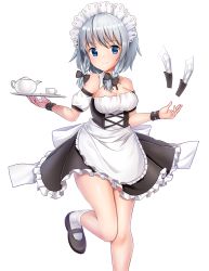 Rule 34 | 1girl, absurdres, apron, black bow, black dress, black footwear, blue eyes, blush, bow, braid, breasts, cleavage, closed mouth, commentary request, cup, dagger, detached collar, detached sleeves, dress, floating, floating object, frilled apron, frilled dress, frills, hair bow, highres, holding, holding tray, izayoi sakuya, kneehighs, knife, leg up, long hair, looking at viewer, maid, maid apron, maid headdress, medium breasts, puffy short sleeves, puffy sleeves, sea scorpion (umisasori), shiny skin, short hair, short sleeves, silver hair, smile, socks, solo, standing, standing on one leg, strapless, strapless dress, teacup, teapot, thighs, touhou, transparent background, tray, twin braids, waist apron, weapon, white apron, white socks, wrist cuffs