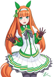 Rule 34 | 1girl, animal ears, aqua eyes, artist name, black bow, black gloves, black pantyhose, bow, commentary request, cowboy shot, flat chest, gloves, hairband, highres, hime cut, horse ears, horse girl, horse tail, jacket, juliet sleeves, long hair, long sleeves, looking at viewer, open mouth, orange hair, pantyhose, pleated skirt, puffy sleeves, sailor collar, silence suzuka (umamusume), skirt, smile, solo, t2r, tail, umamusume, white hairband, white jacket, white skirt
