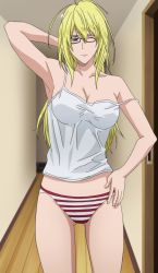 Rule 34 | 1girl, alexandra garcia, blonde hair, breasts, camisole, cleavage, glasses, gluteal fold, highres, kuroko no basuke, large breasts, long hair, one eye closed, panties, screencap, solo, stitched, strap slip, striped clothes, striped panties, third-party edit, underwear, wink