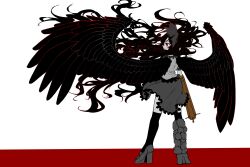 Rule 34 | 1girl, arm cannon, asymmetrical footwear, bird wings, black bow, black hair, black socks, black wings, bow, closed mouth, commentary request, control rod, feathered wings, floating hair, frilled skirt, frills, from behind, full body, grey footwear, grey skirt, hair bow, high heels, highres, kakigoori (xm3lz), kneehighs, limited palette, long hair, looking afar, mismatched footwear, red background, red eyes, reiuji utsuho, shirt, shoes, single shoe, skirt, smile, socks, solo, standing, touhou, very long hair, weapon, white background, white shirt, wings