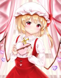 Rule 34 | 1girl, alternate costume, blonde hair, blush, box, curtains, dress, flandre scarlet, gift, gift box, hat, hat ribbon, head tilt, heart-shaped box, highres, holding, holding gift, juliet sleeves, light smile, long sleeves, looking at viewer, mob cap, nyanyanoruru, one side up, pinafore dress, puffy sleeves, red dress, red eyes, ribbon, shirt, short hair, sleeveless, sleeveless dress, solo, touhou, valentine, white hat, white shirt, window, wings, yellow neckwear, yellow ribbon