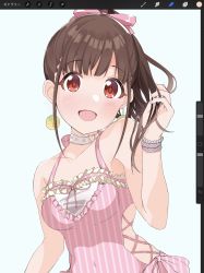 Rule 34 | 1girl, bare shoulders, blush, bracelet, breasts, brown hair, choker, cleavage, collarbone, cross-laced clothes, dress, earrings, hair ribbon, hand up, high ponytail, highres, idolmaster, idolmaster shiny colors, jewelry, long hair, looking at viewer, medium breasts, misekai 555, open mouth, pink dress, pink ribbon, red eyes, ribbon, sidelocks, simple background, smile, solo, sonoda chiyoko, striped clothes, striped dress