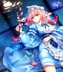 Rule 34 | 1girl, blue butterfly, blue kimono, blue ribbon, blush, branch, breasts, bug, butterfly, cherry blossoms, cowboy shot, full moon, gradient eyes, gradient hair, hair between eyes, hat, holding, holding branch, in water, insect, japanese clothes, kimono, long sleeves, looking at viewer, lying, medium breasts, medium hair, mob cap, moon, multicolored eyes, multicolored hair, nagare, night, night sky, obi, on back, pink butterfly, pink eyes, pink hair, reflection, ribbon, ribbon-trimmed collar, ribbon-trimmed sleeves, ribbon trim, ripples, saigyouji yuyuko, sash, sideways glance, sky, smile, solo, star (sky), starry sky, touhou, triangular headpiece, veil, wide sleeves, window shadow