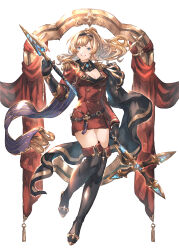 Rule 34 | 1girl, black footwear, black gloves, black hairband, blonde hair, boots, breasts, cleavage, dress, floating hair, full body, gloves, granblue fantasy, green eyes, grin, hairband, highres, holding, holding polearm, holding weapon, long hair, long sleeves, medium breasts, polearm, red dress, shimatani azu, short dress, simple background, smile, solo, standing, thigh boots, thighhighs, weapon, white background, zeta (granblue fantasy), zettai ryouiki