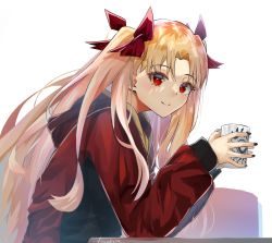 Rule 34 | 1girl, blonde hair, blush, bow, breasts, closed mouth, contemporary, cup, ereshkigal (fate), fate/grand order, fate (series), hair bow, hamanashi (trapiorra), highres, hood, hooded jacket, jacket, leaning forward, long hair, long sleeves, looking at viewer, medium breasts, mug, nail polish, parted bangs, red jacket, smile, two side up