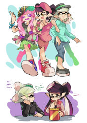 Rule 34 | + +, 3girls, ;p, black footwear, black hair, black hat, black jacket, black shirt, blue footwear, blue pants, bracelet, brown eyes, bucket, cabbie hat, callie (splatoon), capri pants, casual, clownfish, commentary, cross-laced footwear, earrings, eating, english text, fangs, fish, food, food on head, french fries, gomipomi, green shirt, green skirt, grey hair, hair over shoulder, harmony&#039;s clownfish (splatoon), harmony (splatoon), hat, head rest, inkling, jacket, jewelry, letterman jacket, locked arms, long hair, looking at another, marie (splatoon), miniskirt, mole, mole under eye, multiple girls, nintendo, object on head, one eye closed, open clothes, open jacket, open mouth, pants, parted lips, pleated skirt, pointing, pointing up, pointy ears, polo shirt, print shirt, purple hat, purple shirt, purple shorts, red footwear, red jacket, scrunchie, shirt, shoes, short hair, short sleeves, shorts, side-by-side, sitting, skirt, smirk, sneakers, splatoon (series), standing, striped clothes, striped headwear, sushi, sweatdrop, t-shirt, table, tongue, tongue out, walking