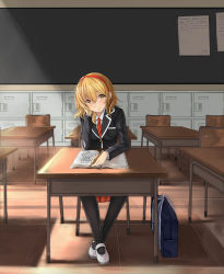 Rule 34 | 1girl, alice margatroid, alternate costume, arm support, bag, black pantyhose, blonde hair, chair, classroom, desk, doodle, hairband, highres, jacket, looking at viewer, pantyhose, pen, school, school desk, school uniform, sitting, smile, solo, touhou, wenhe, yellow eyes