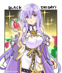 Rule 34 | 1girl, bare shoulders, breasts, circlet, dress, fire emblem, fire emblem: genealogy of the holy war, fire emblem heroes, food, fruit, holding, holding food, holding fruit, julia (fire emblem), large breasts, long hair, medium breasts, nintendo, open mouth, purple eyes, purple hair, solo, yukia (firstaid0)