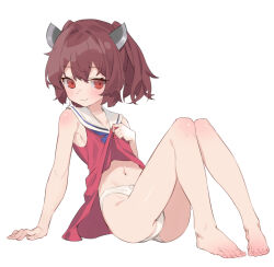 Rule 34 | 1girl, arm support, bare legs, barefoot, blush, brown hair, clothes lift, commentary request, dress, dress lift, feet, full body, headgear, highres, lifting own clothes, looking at viewer, navel, panties, red dress, red eyes, sailor collar, sailor dress, short hair, simple background, sitting, sleeveless, sleeveless dress, smile, solo, toes, touhoku kiritan, underwear, voiceroid, white background, white panties, yamamomo (plank)