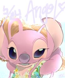 Rule 34 | angel (lilo &amp; stitch), character name, flower, flower necklace, highres, jewelry, lei, lilo &amp; stitch, looking at viewer, necklace, no humans, open mouth, pink fur, simple background, solo, stitch!, upper body, white background, white flower, zundamoti2002