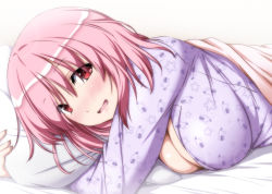 Rule 34 | 1girl, :d, alternate costume, bed sheet, blanket, blush, breasts, cleavage, eyebrows, large breasts, lips, long sleeves, looking at viewer, lying, nori tamago, nose blush, hugging object, on stomach, open mouth, pajamas, pillow, pillow hug, pink eyes, pink hair, saigyouji yuyuko, short hair, smile, solo, star (symbol), star print, touhou, under covers, upper body, wavy mouth