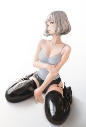 Rule 34 | 1girl, absurdres, bad id, bad pixiv id, black eyes, black footwear, black shorts, bob cut, breasts, camisole, cleavage, closed mouth, collarbone, commentary, english commentary, eyelashes, full body, grey camisole, high heels, highres, latex, lips, looking at viewer, medium breasts, mole, mole under eye, o-ring, original, shadow, shiny clothes, shiny legwear, short hair, short shorts, shorts, silver hair, simple background, sitting, skindentation, sleeveless, solo, thighs, wariza, wellsy, white background