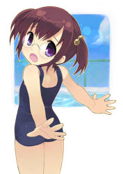 Rule 34 | 1girl, :o, brown hair, chain-link fence, child, cloud, day, fence, framed, glasses, hair bobbles, hair ornament, lens flare, looking back, one-piece swimsuit, open mouth, original, otoutogimi, outside border, outstretched arms, pool, purple eyes, school swimsuit, simple background, solo, swimsuit, twintails, white background