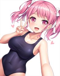 Rule 34 | 1girl, bang dream!, blue one-piece swimsuit, breasts, collarbone, commentary request, cowboy shot, lambda (kusowarota), large breasts, long hair, looking at viewer, maruyama aya, new school swimsuit, one-piece swimsuit, pink eyes, pink hair, school swimsuit, selfie, simple background, skin tight, solo, swimsuit, twintails, v, white background