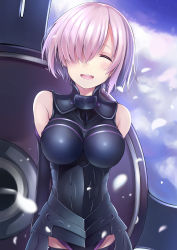 Rule 34 | 1girl, absurdres, armor, armored dress, arms behind back, breasts, cloud, commentary request, cowboy shot, day, elbow gloves, closed eyes, fate/grand order, fate (series), gloves, hair over one eye, highres, large breasts, mash kyrielight, nagiha kuten, open mouth, petals, pink hair, shield, short hair, sky, smile, solo