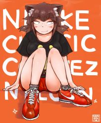 Rule 34 | 1girl, animal ears, blush, breasts, brown hair, cat ears, eyebrows, fang, full body, highres, knees together feet apart, large breasts, nike (company), nike cortez, original, san mamiya, shirt, shoes, short hair, shorts, sitting, slit pupils, sneakers, socks, solo, t-shirt, thick eyebrows