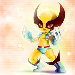Rule 34 | 10s, 1boy, animification, blue footwear, boots, chibi, claws, fang, full body, male focus, marvel, mosho, red eyes, simple background, solo, superhero costume, wolverine (x-men), x-men