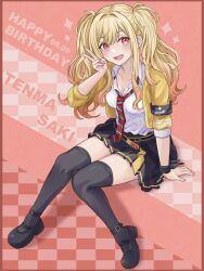 Rule 34 | absurdres, blonde hair, breasts, highres, hinato1710, long hair, looking at viewer, open mouth, project sekai, red eyes, sitting, skirt, tenma saki, thighhighs, twintails, v