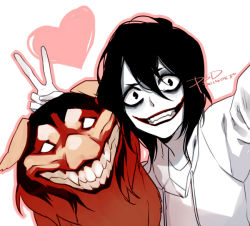 Rule 34 | 1boy, animification, black eyes, black hair, colored skin, creepypasta, dated, dog, heart, horror (theme), jeff the killer, looking at viewer, male focus, no pupils, outline, pale skin, pink outline, psd, sidelocks, simple background, smile, smile.dog, smile dog, teeth, v, white background, white skin