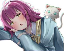 Rule 34 | 1girl, ahoge, animal, animal on shoulder, blue jacket, blunt bangs, blunt ends, blush, bow, bowtie, cat, cat on shoulder, chestnut mouth, commentary request, dot nose, hanpen (nijigasaki), highres, jacket, long sleeves, looking at viewer, love live!, love live! nijigasaki high school idol club, lowlight1010, lying, pink hair, shirt, short hair, tennoji rina, upper body, white background, white cat, white shirt, wing collar, yellow bow, yellow bowtie, yellow eyes