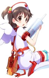 Rule 34 | 1girl, akagi miria, bag, black hair, blush, bow, brown eyes, buchi (y0u0ri ), commentary, dot nose, dress, dress bow, fake wings, from behind, hair bobbles, hair ornament, hand up, hat, high heels, highres, holding, holding syringe, idolmaster, idolmaster cinderella girls, idolmaster cinderella girls starlight stage, looking at viewer, looking back, nurse cap, open mouth, red bow, red footwear, red trim, short hair, short sleeves, shoulder bag, simple background, sitting, smile, solo, syringe, thighhighs, two side up, wariza, white background, white dress, white thighhighs, wings