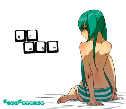 Rule 34 | 1girl, aqua eyes, aqua hair, ass, back, barefoot, feet, from behind, hatsune miku, long hair, looking back, panties, simple background, sitting, solo, striped clothes, striped panties, tocky, twintails, underwear, vocaloid