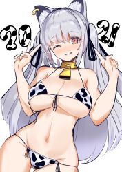 Rule 34 | 1girl, 2021, ;q, absurdres, animal ears, animal print, aruvina (gu luco), bare arms, bare shoulders, bell, bikini, blush, breasts, cat ears, chinese zodiac, cleavage, closed mouth, cow print, cowbell, cowboy shot, front-tie bikini top, front-tie top, gluteal fold, groin, gu luco, hair ribbon, halterneck, halterneck, hands up, highres, large breasts, long hair, looking at viewer, navel, new year, nose blush, one eye closed, original, red eyes, ribbon, side-tie bikini bottom, silver hair, smile, solo, stomach, string bikini, swimsuit, thigh gap, tongue, tongue out, twintails, v, white bikini, year of the ox
