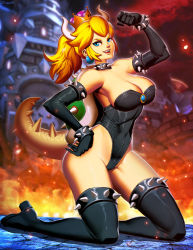 Rule 34 | 1girl, armlet, bare shoulders, black dress, black thighhighs, blonde hair, blue eyes, boots, bowsette, bracelet, breasts, castle, cleavage, dress, earrings, female focus, fire, fire, flexing, genzoman, jewelry, large breasts, leotard, long hair, looking at viewer, mario (series), nintendo, open mouth, pointy ears, sharp teeth, shiny skin, smile, solo, spiked armlet, spiked bracelet, spiked shell, spikes, super crown, super mario bros. 1, teeth, thighhighs