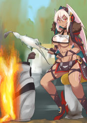 Rule 34 | 1girl, ankle wrap, azur lane, black panties, blue cape, blush, bodypaint, breast curtain, breasts, brown cape, brown gloves, brown hood, brown skirt, cape, commentary request, cooking, crossed bangs, dark-skinned female, dark skin, facepaint, fingerless gloves, fire, full body, fur-trimmed cape, fur trim, gloves, golf club, hair between eyes, high ponytail, highleg, highleg panties, highres, holding, holding golf club, hood, hood up, large breasts, lizard, loincloth, long hair, looking at viewer, midriff, minneapolis (azur lane), multicolored cape, multicolored clothes, o-ring, o-ring bottom, open mouth, panties, red cape, red eyes, red footwear, revealing clothes, rudder footwear, sangue llia, showgirl skirt, skirt, solo, standing, underboob, underwear, very long hair, white cape, white hair