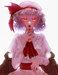 Rule 34 | 1girl, aorin oekaki, backlighting, blood on hands, dress, fangs, fingernails, hat, highres, long sleeves, looking at viewer, low wings, medium hair, nail polish, open mouth, orange eyes, pointy ears, purple hair, red nails, remilia scarlet, sharp fingernails, simple background, solo, touhou, twitter username, white background, white dress, white hat, wings