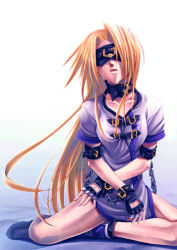 Rule 34 | 1girl, arc system works, bdsm, blindfold, blonde hair, bondage, bottomless, bound, chain, collar, cuffs, fingerless gloves, gloves, guilty gear, long hair, millia rage, shackles, solo, tears, uraomote, very long hair
